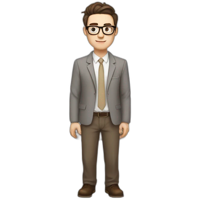 Pale skinned fit man with dark brown hair in gray jacket, beige office shirt, brown tie, brown pants and vintage glasses Writing on the flipchart emoji