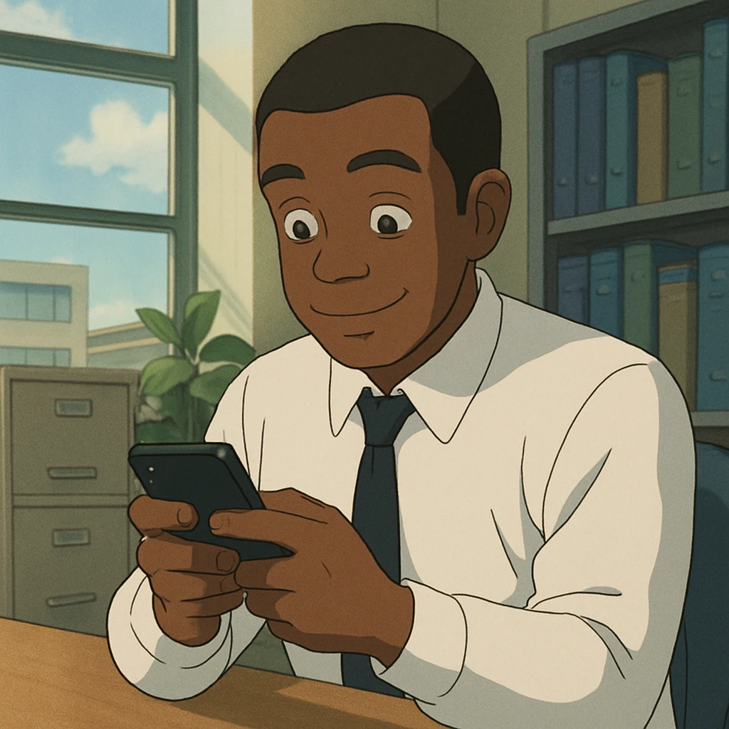 Black office employee, white shirt, playing on his phone emoji