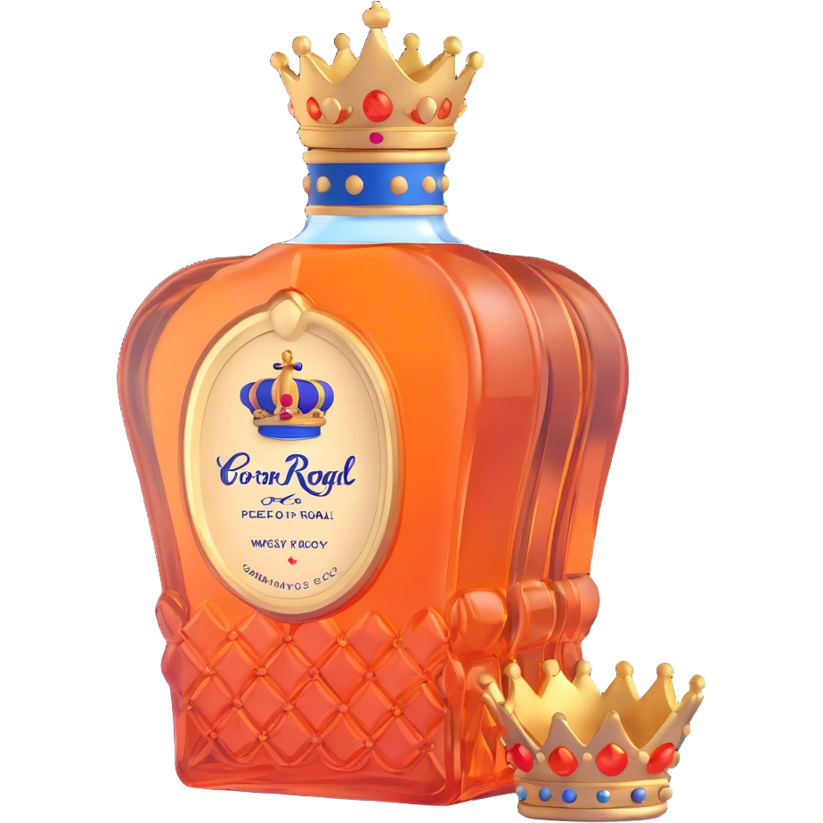 Crown Royal Peach whisky bottle with peach-colored bag and gold crown emoji