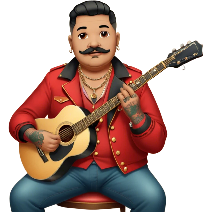 Icon for Chanson: Old fat chanson singer with tattoos and short moustache, red jacket, gold chains and braslettes, sitting on a chair with an acoustic guitar and standing microphone. No earrings. The atmosphere should reflect a nostalgic, soulful vibe with vintage elements. Transparent background. emoji