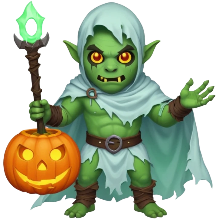 male orc warrior ghost emoji, green skin, wearing torn white ghost sheet costume, holding glowing jack-o'-lantern, faint blue aura, friendly but spooky expression, Halloween fantasy theme, Apple emoji style, clean white background, square emoji