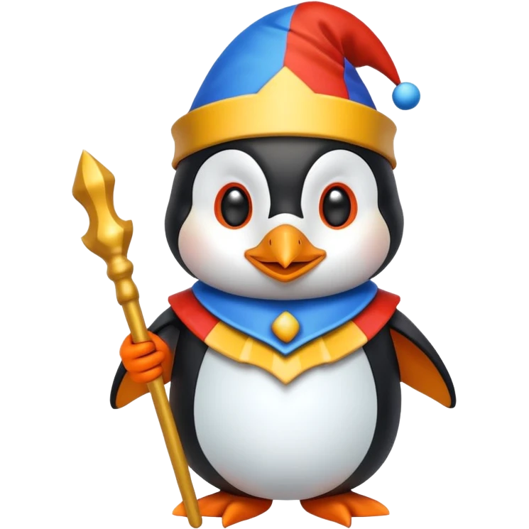 crazy colorful cute penguin jolly joker, medieval, vintage, court jester, mac os icon, blue color emoji
