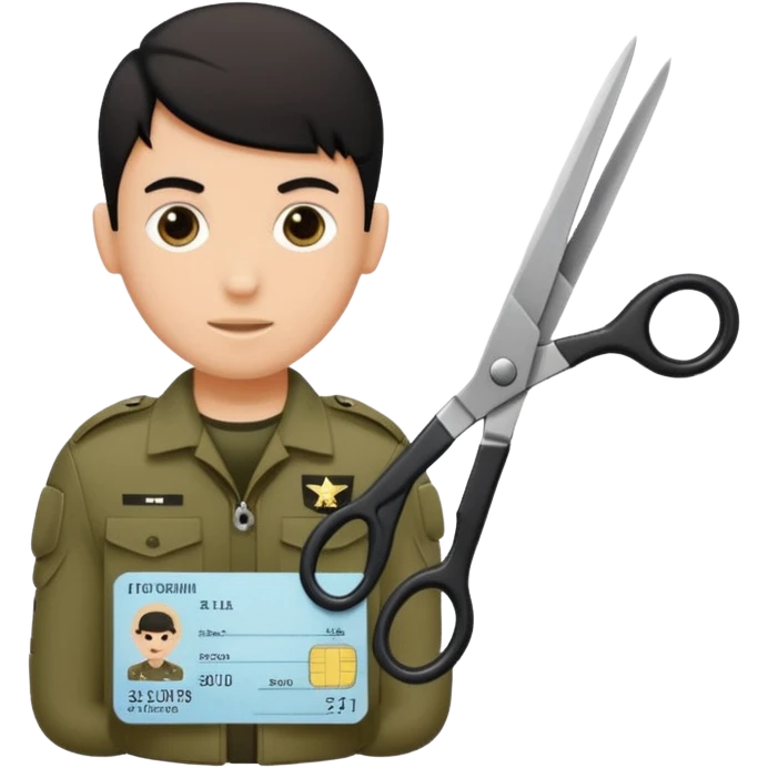 Floating black Scissors cutting in half an idf soldier ID card with a little chip in 2 parts .hyper realistic emoji