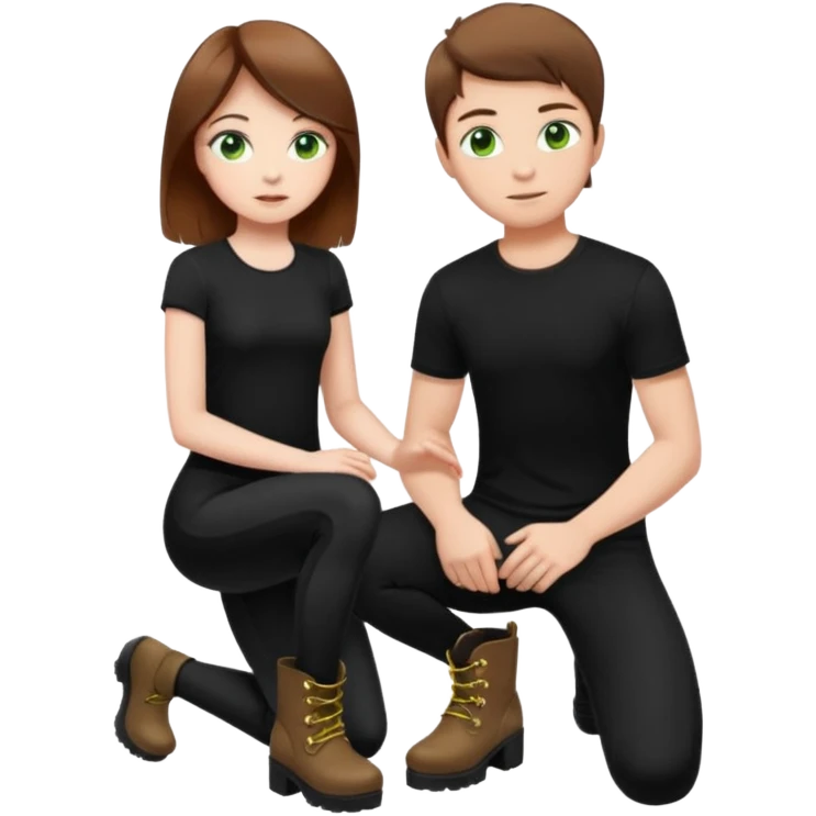 Create a Mistress with brown hair, green eyes, platform boots and black leggings and top and a boy next to her in his knees emoji