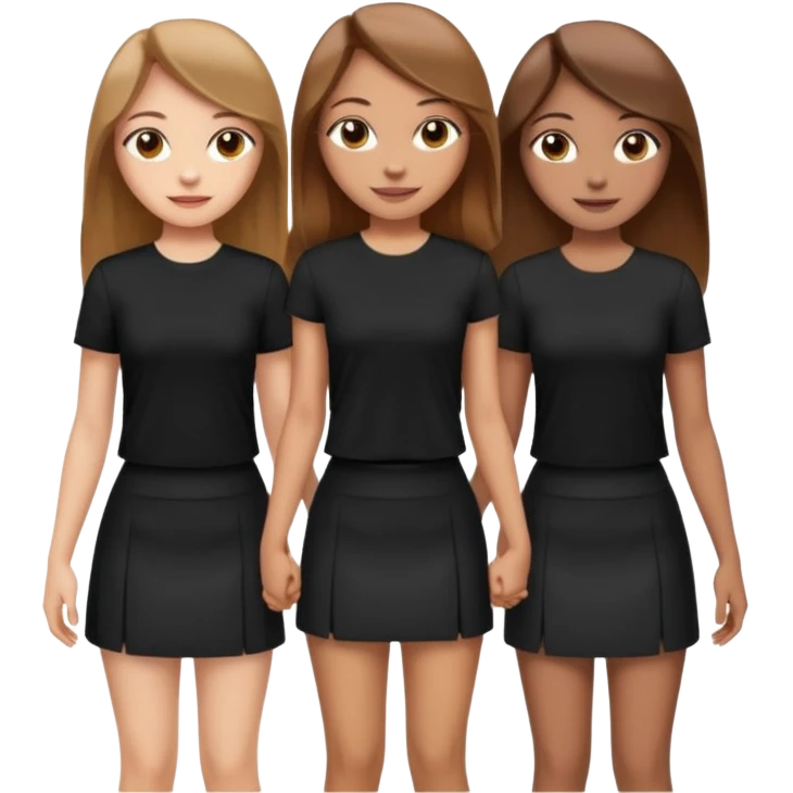 emoji of a girl with long, straight light brown hair, fair skin, soft brown eyes. Wearing a stylish black top and mini skirt. Full-height, standing confidently with shoulders back, head up, smiling proudly. Surrounded by 3 women next to her, holding hands. women have different eye color emoji