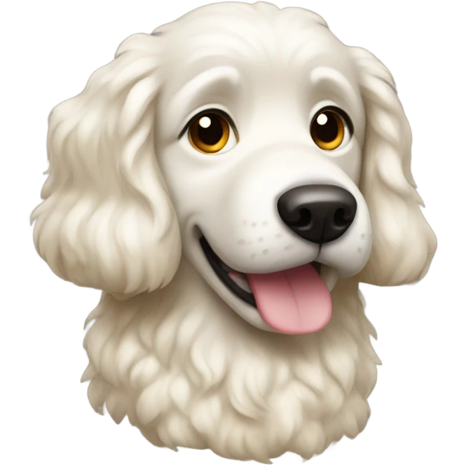 mostly white, golden dog with a curly tail looking guilty emoji