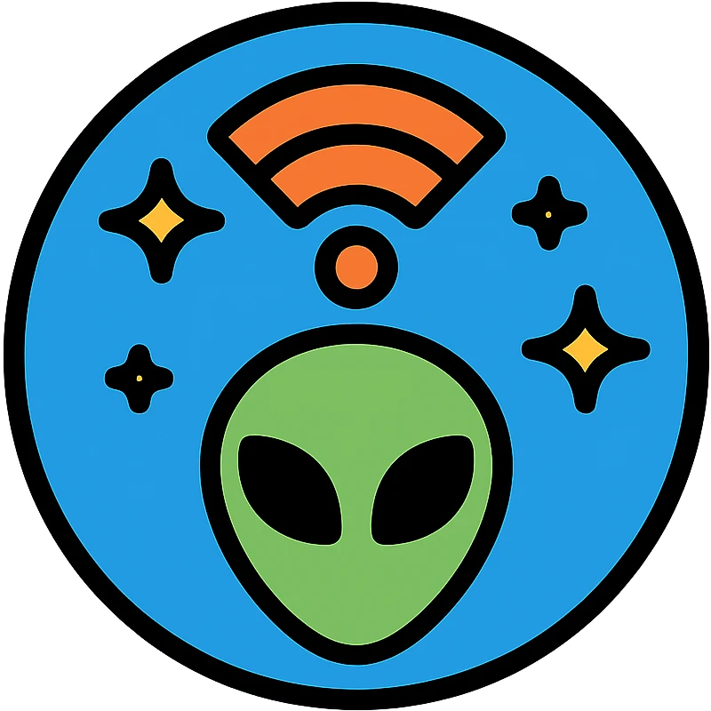 NASA-inspired symbolic logo for extraterrestrial intelligence search, stylized alien signal, stars, blue circular badge design emoji