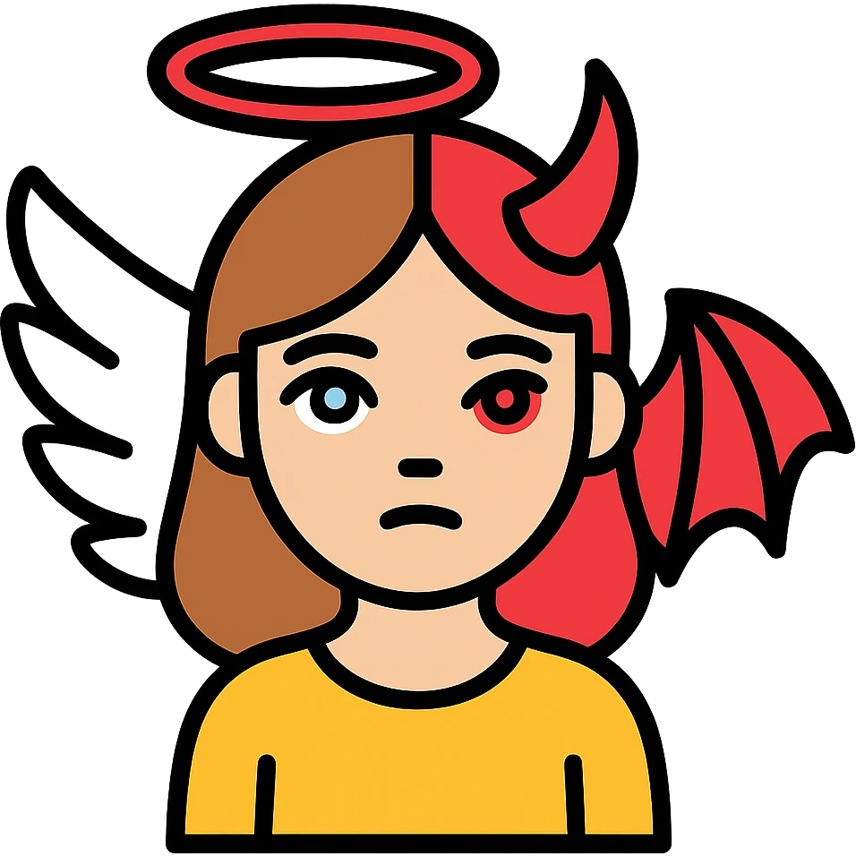 Edit this image to depict a brown-haired girl with left side angel (halo, blue eye, white wing) and right side devil (horn, red eye, bat wing), both expressions visible. Remove the background. emoji