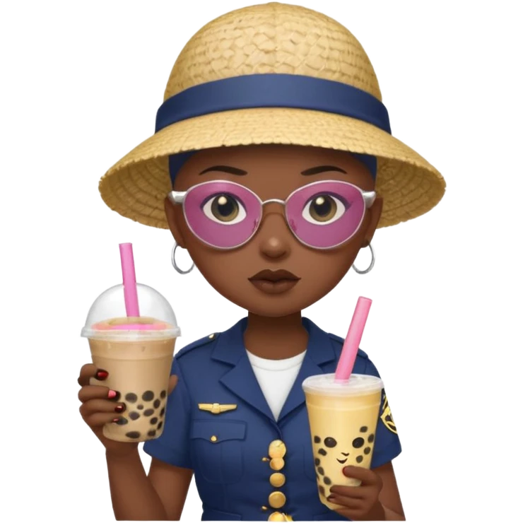 A Angry Teen Female with Dark skin and Bald, wearing a Uniform outfit, a Sunhat, Sunglasses, carrying a Enchanted staff, working as a teacher, while drinking Bubble tea and reading a Comic.
 emoji