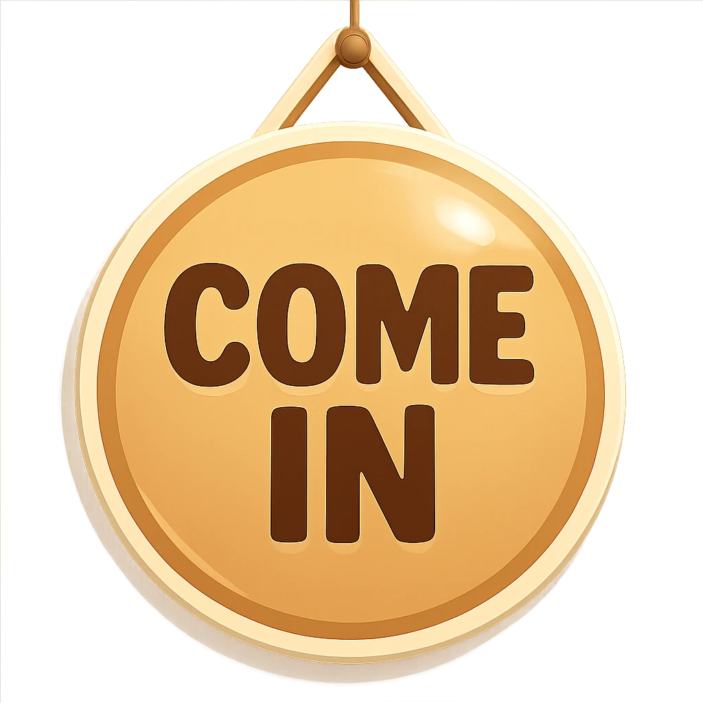 door sign, round shape, beige color, with shadows and highlights, retro sticker style, hanging on a string, transparent background emoji