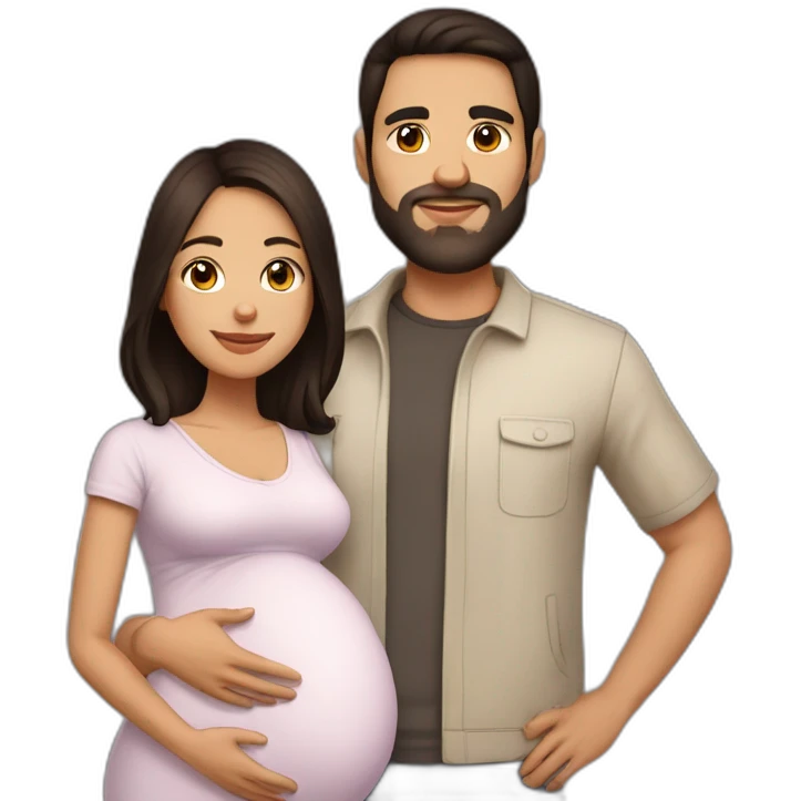 Latin Pregnant woman dark brown medium long hair and  husband with short dark brown haircut no mustache not beard emoji
