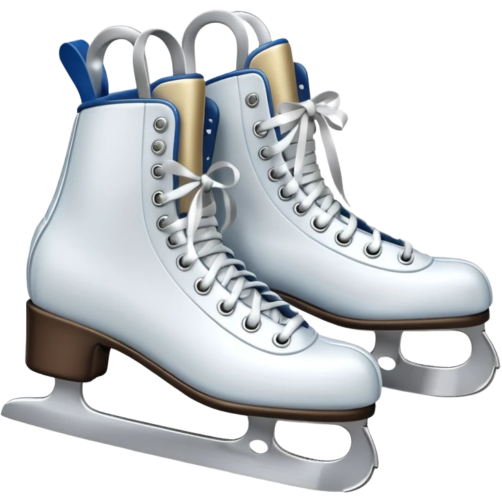 Стильные белые или кожаные коньки с перекрещенными шнурками.
> Prompt: 3D emoji of a pair of classic white ice skates tied together by laces.
Small festive silver bells attached to the laces. Sharp blades with a chrome metallic finish, smooth leathe emoji