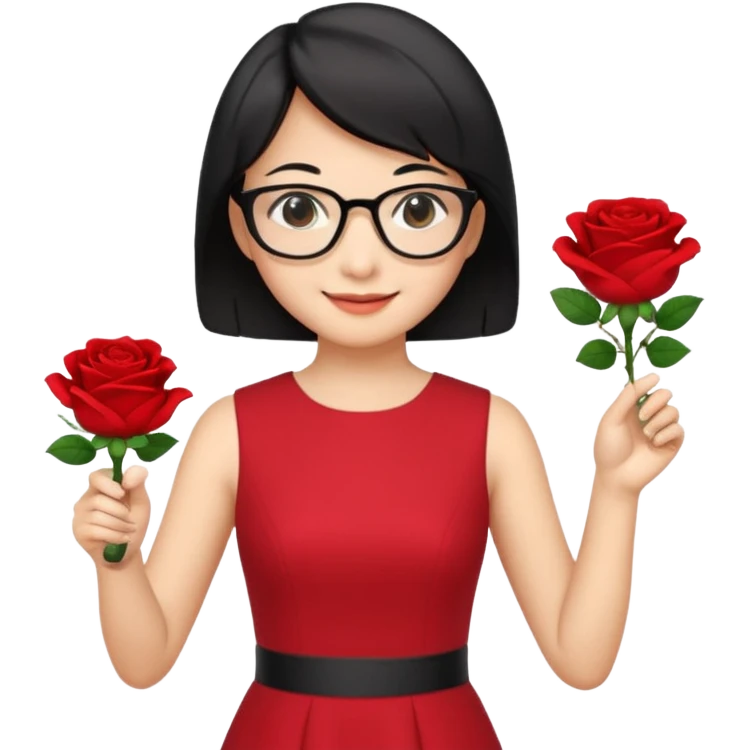 female asian chemistry teacher wearing glasses holdin a flask pointing right with straight short hair to her shoulders wearing a red dress with roses on it and black hair and make the glasses more retangle and make her hold a flash with one hand and with the other point right and make her smile emoji