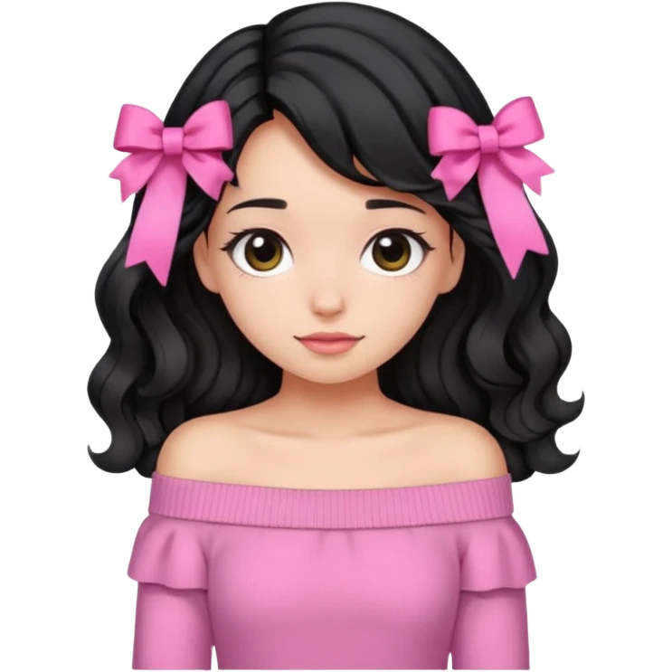 Girl with black wavy not so long hair and a ribbon hair clip beside it make it look like wearing a pink off shoulder sweater emoji