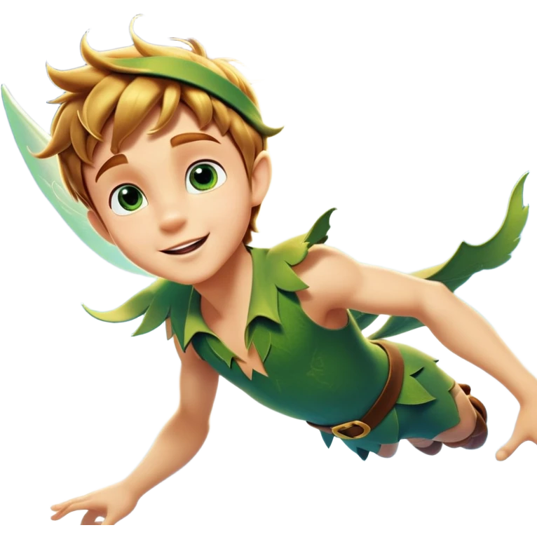 cinematic-realistic-peter-pan-portrait, head tilted dramatically with an exaggeratedly amused expression and sparkling eyes brimming with playful mischief, his iconic outfit rendered in vivid detail with dynamic shadows, soaring through the air. Next to him is a glowing Tinker Bell, whose delicate wings leave a trail of shimmering pixie dust across a whimsical sky. emoji