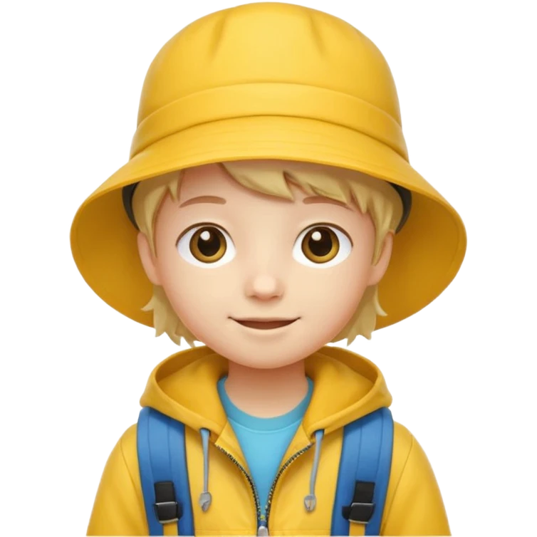 Little student wears yellow bucket hat and jacket, backpack, happy emoji
