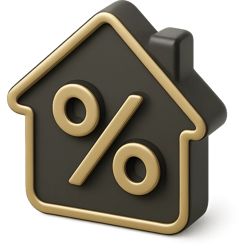 a house icon with a percentage sign inside, representing mortgage or interest rates, 3D black style emoji