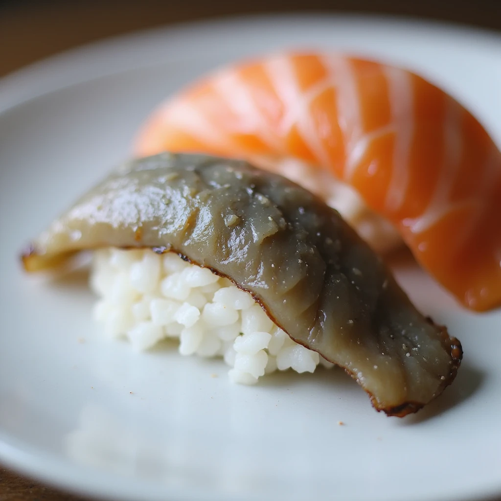 close-up of sushi: one nigiri with gray salmon and one with orange salmon, on a white plate, realistic style, 4K resolution emoji