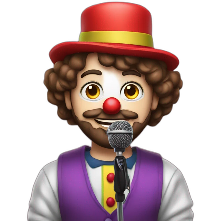 young brunette radio presenter with beard and with a microphone in his hand dressed as a clown emoji