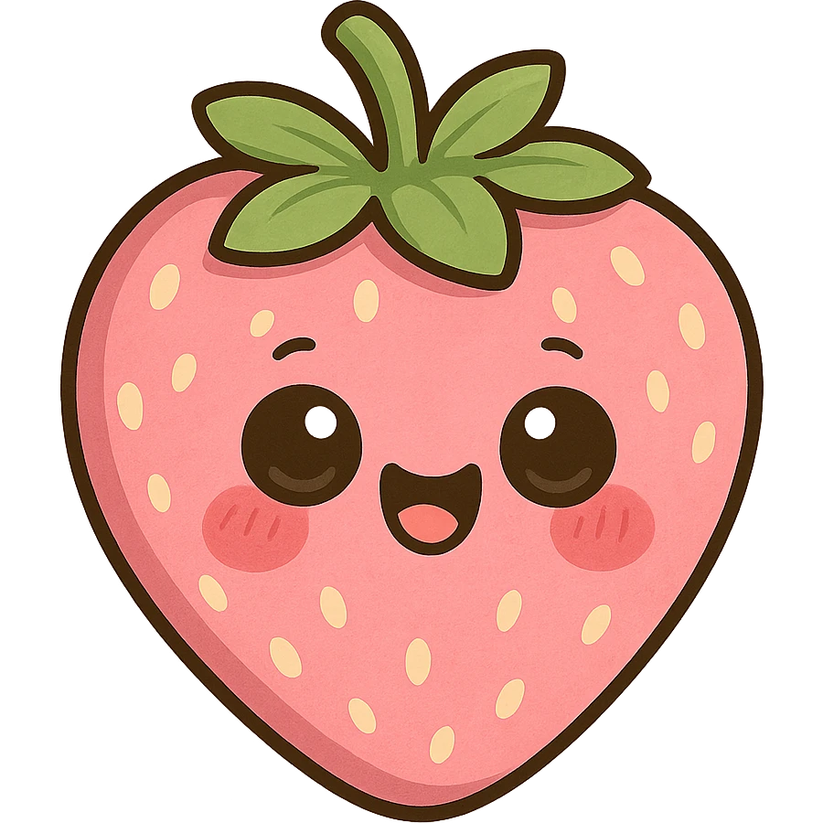 a cute pink strawberry, original design, big eyes, blushing cheeks, joyful emoji