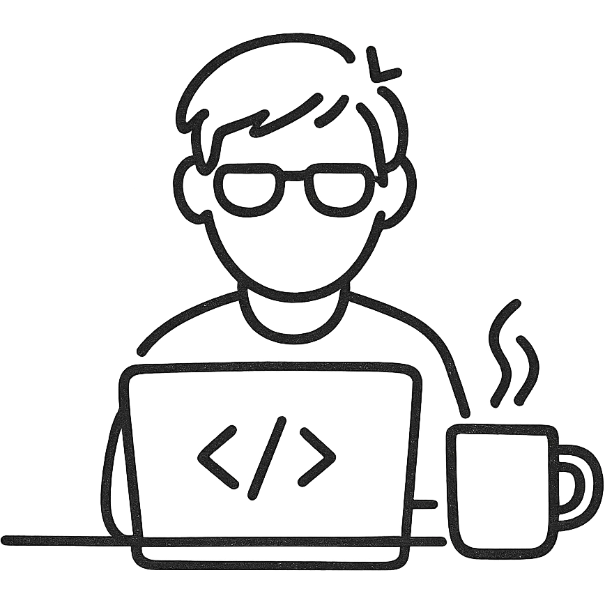 programmer focused on coding, hand drawn line art style, coffee cup on desk, minimal background emoji
