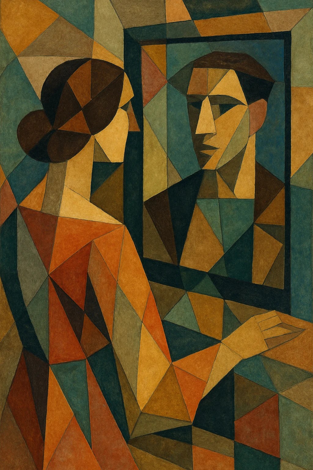 A woman facing a mirror, but instead of her own reflection, a man is seen on the other side, in a unique cubist abstraction illustration style, geometric shapes, vibrant colors emoji