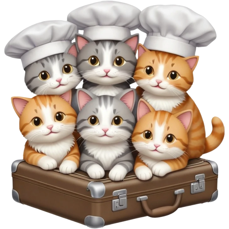 six cats in chef hats hugging a cat with a suitcase, top-down view emoji