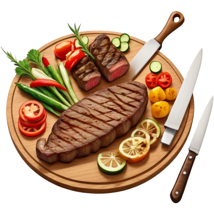 icon featuring a chef’s hat, a cutting board with fresh ingredients, a knife, a beautifully cooked ribeye steak, shashlik skewers, and a plate of food in the making. The design captures the passion of cooking with warm, inviting colors, and realistic textures. Transparent background. emoji