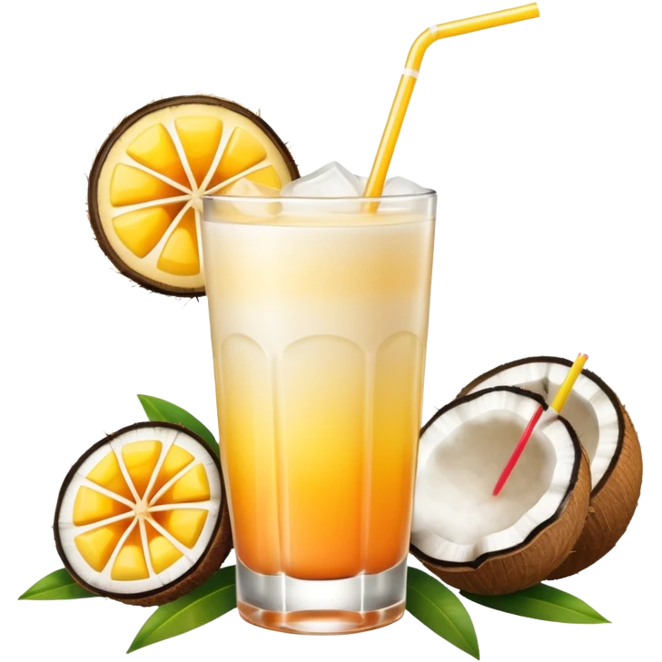 A beautiful cocktail with a creamy white to orange gradient, containing coconut juice and mango, reminiscent of summer. Above, there are tropical flowers, lemon slices, and a straws. emoji