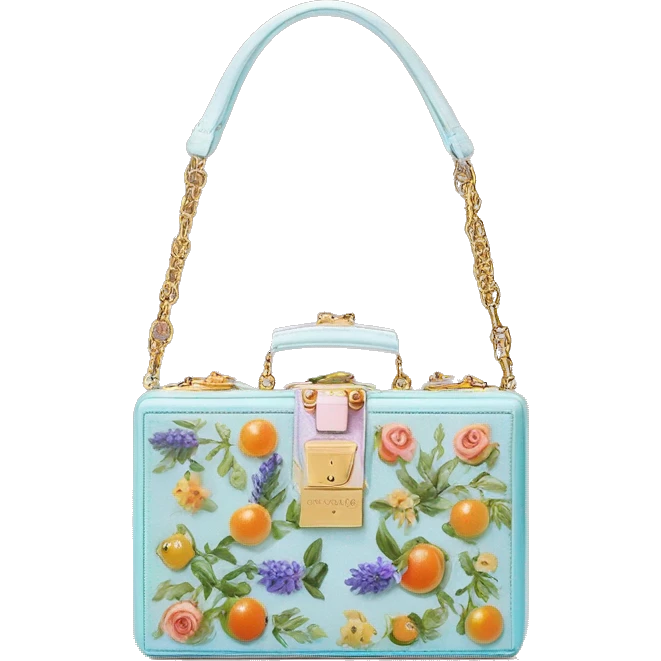 Dolce and Gabbana small box bag with white and colourful lavender light blue light green orange pink summer print and golden detais 2023 emoji