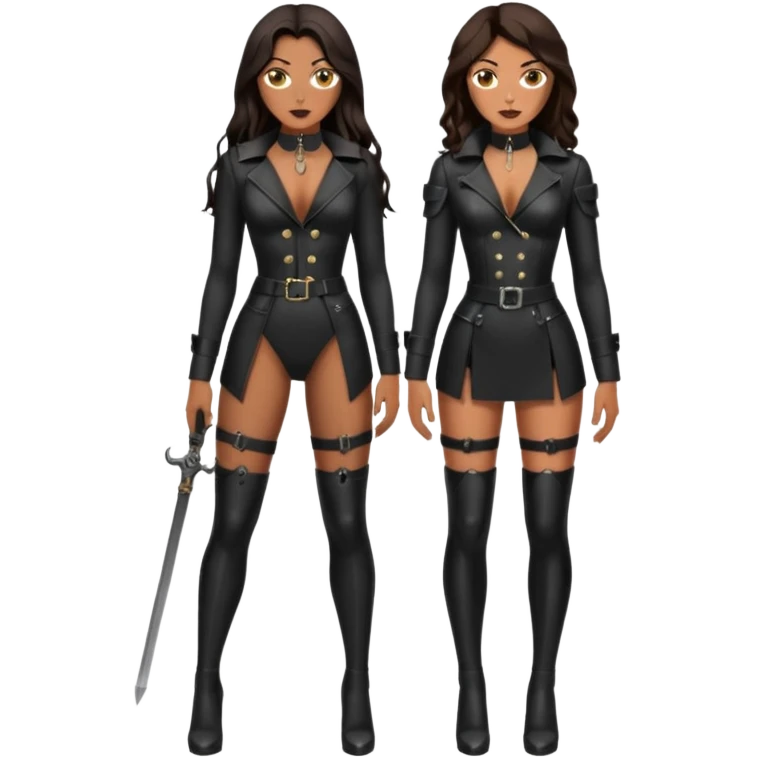 Tan skin with freckles, long dark hair, hazel eyes Dominatrix full body emoji