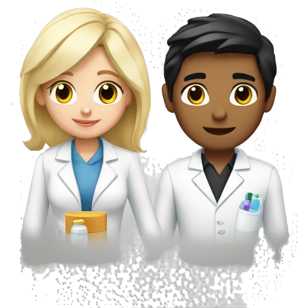 blonde female pharmacist and white male chemist with black hair in love emoji