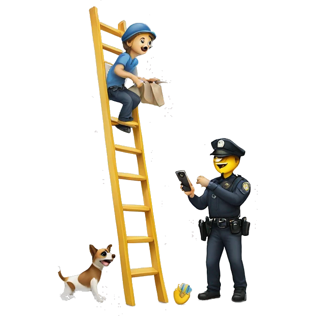 create an emoji of a child o a ladder painting  while the police watches with a dog and a camera emoji