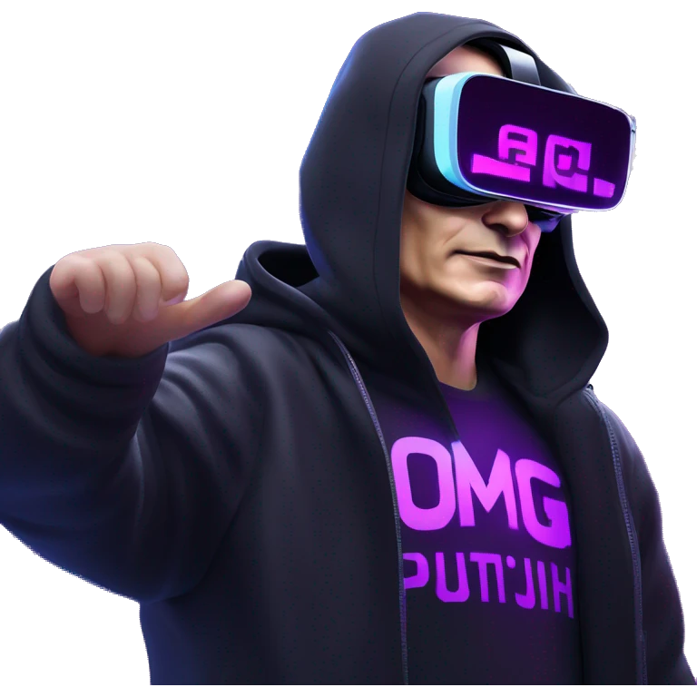 Vladimir Putin wearing a black hoodie with "OMG" letters on it and VR headset oculus quest 2 in a cyberpunk VR environment with violet neon lighting. emoji