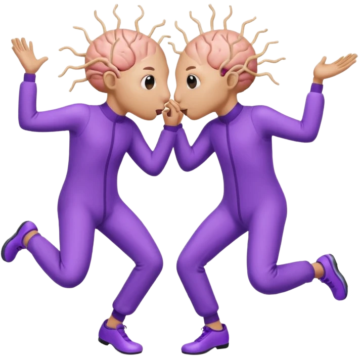 Last two brain cells dancing looking weird and kissing. not iphone emoji style. they wear purple jumpsuits emoji