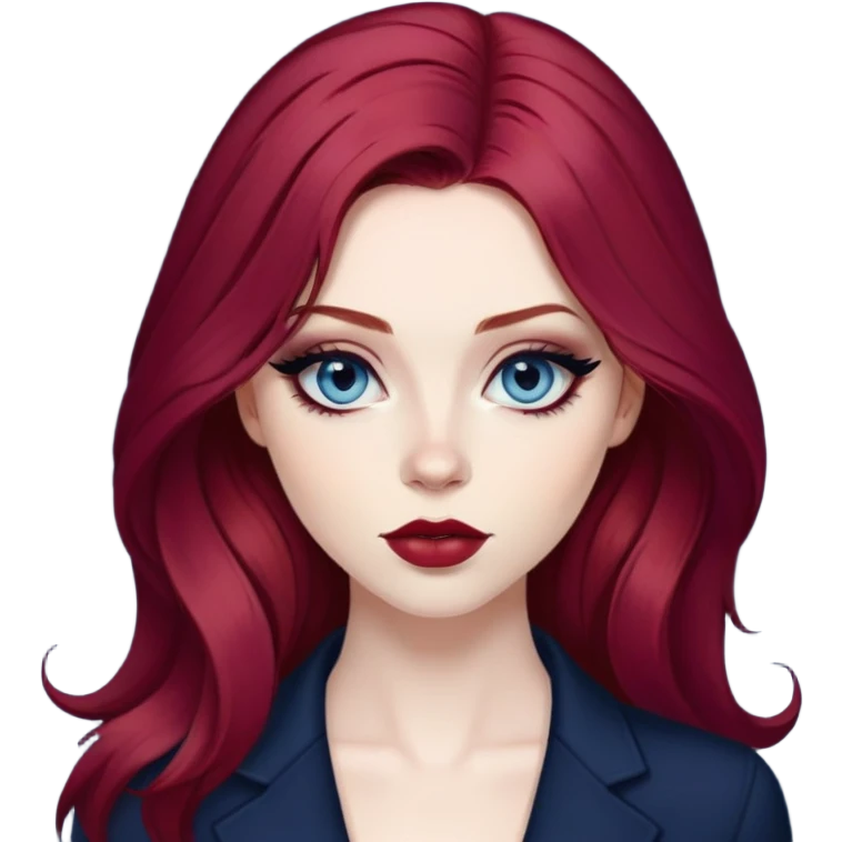 pretty baddie, wine red hair, cute lips, pale skin, long hair, dark blue eyes, bold black eyeliner emoji