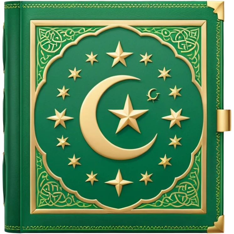 Closed Quran with the Islamic Symbol on it (moon and star) green from left to right emoji