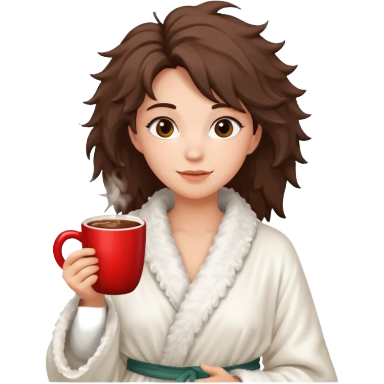 {
      "type": "human",
      "look": "fluffy robe woman, messy hair, holding cup of cocoa",
      "description": "a woman in a fluffy robe with messy hair, holding a cup of cocoa"
    } emoji