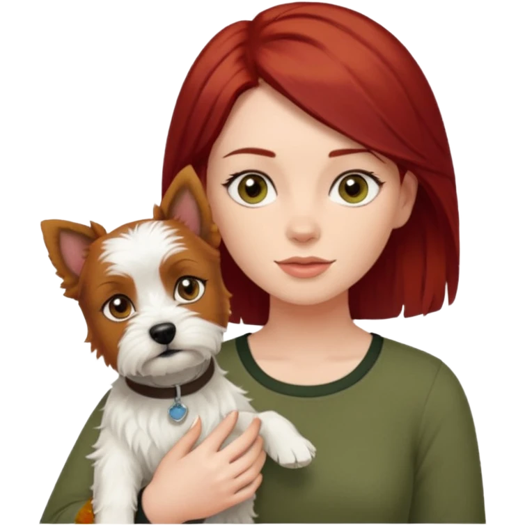 Westhighland white terrier dog being held by woman with dark shoulder length red hair and hazel eye wearing olive green top emoji