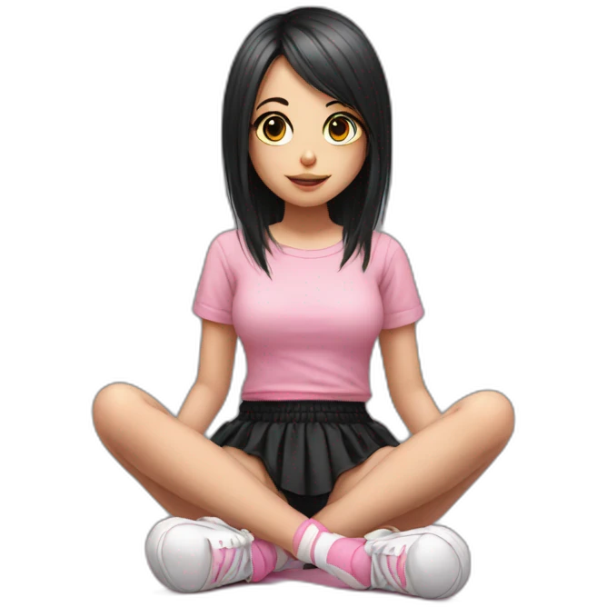 full body Front view emo girl sits on the floor black skirt pink knickers emoji