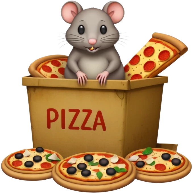 emoji-style icon of a pizza restaurant with a pizza sign, a giant rat sitting on top of an overflowing dumpster, trash bags and food scraps all around, very dirty, clear at small size, no text emoji