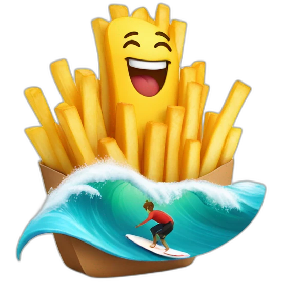 A French fries who is surfing on a big waves emoji
