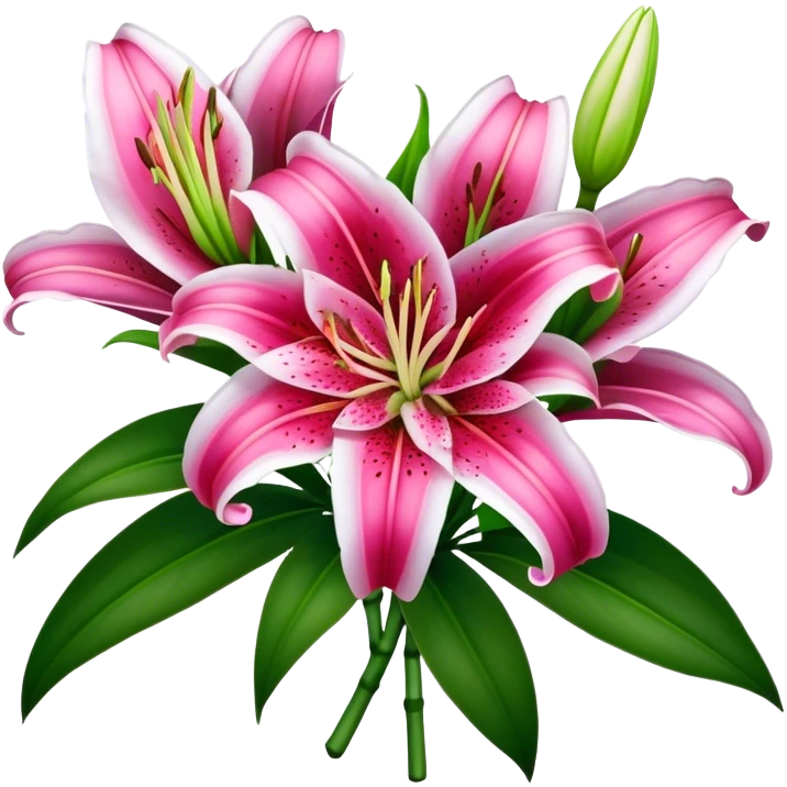 bouquet Deep Pink Oriental Lily with White Edge, luxuriant, leaf, bud emoji