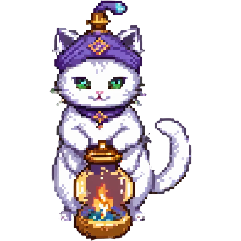 cat genie with a turban and ghostly tail, floating from an oil lamp, pixel art style emoji