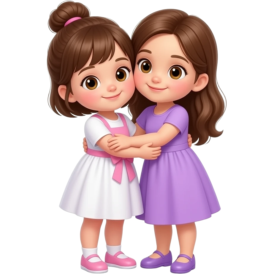 Niña de 1 año y 8 meses, de cuerpo completo, ojos cafés claros con cabello castaño, vestido rosa con blanco y cabello corto recogido en un chongo. Otra niña de 5 años con vestido lila, cabello castaño y ojos café claro, de cuerpo completo, ambas abrazadas. emoji
