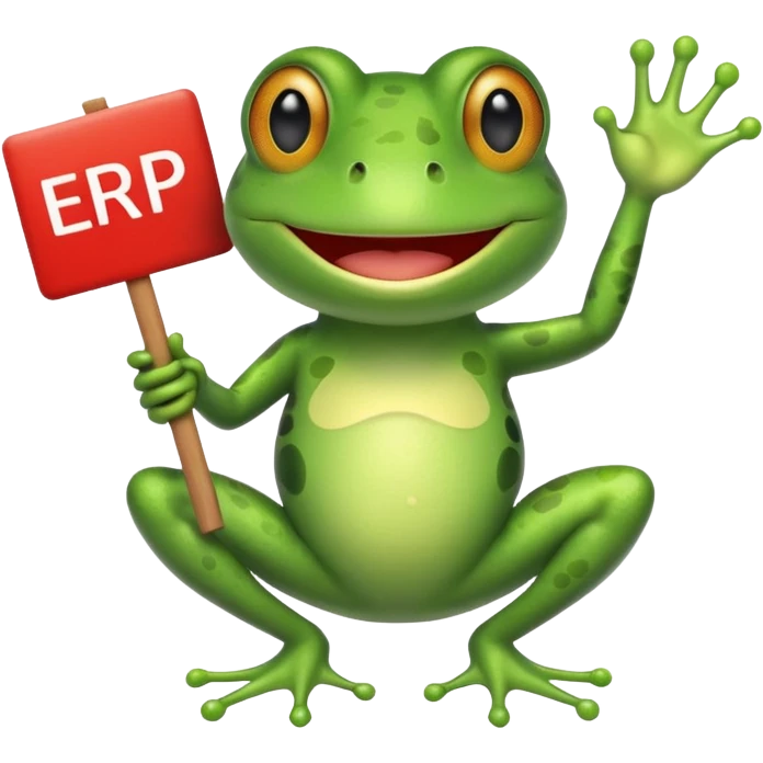 frog holding a sign that says ERP, fun emoji-style illustration emoji
