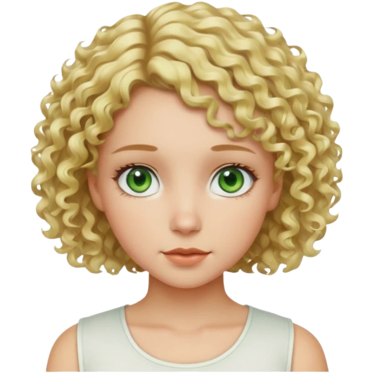 Girl blond curly short hair green eyes and white top  emoji