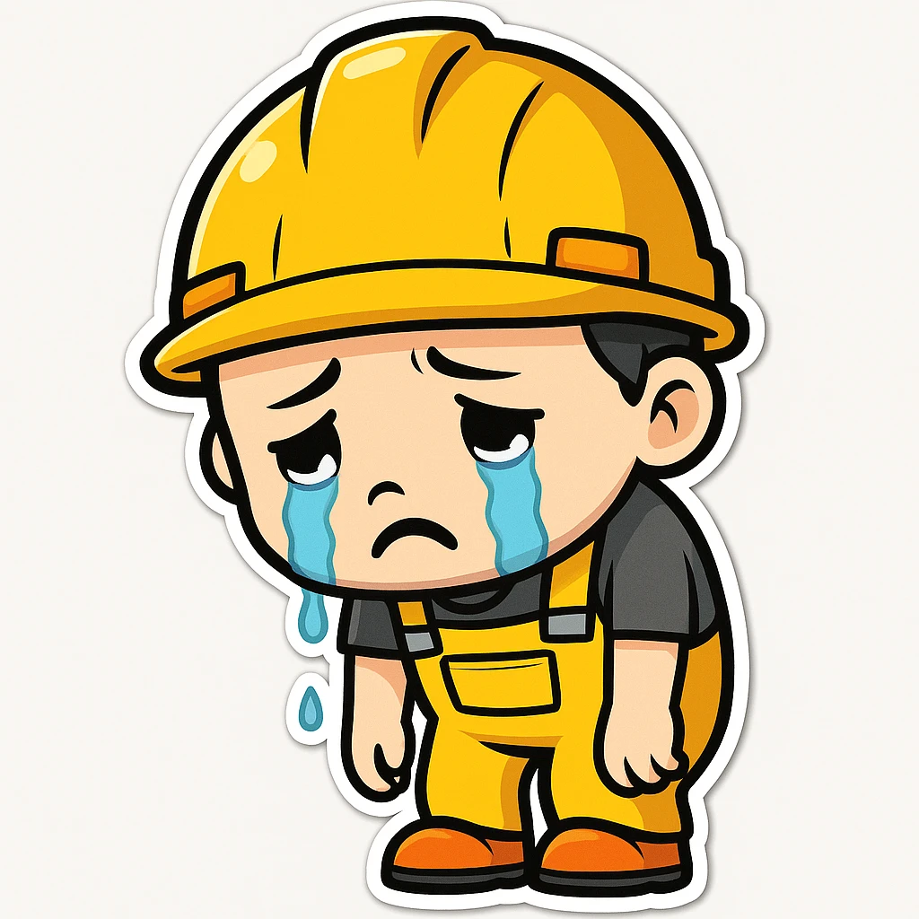 Make the sad construction worker look even sadder, with tears, slumped posture, and a gloomy expression in sticker style emoji