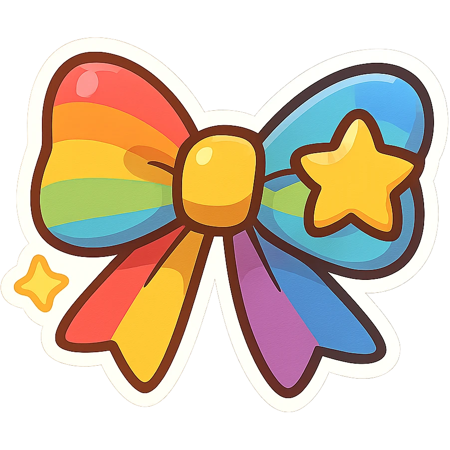 chibi style bow, rainbow colors, playful, cheerful, cartoon style, star motif emoji