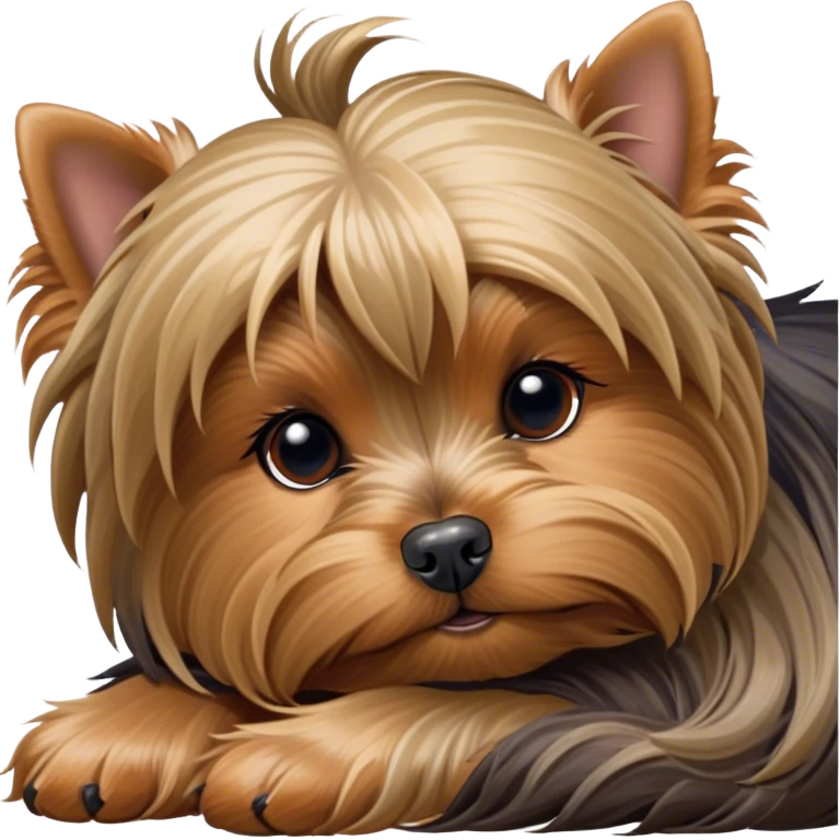 Meme-Worthy Cute Sleeping Yorkshire Terrier Portrait Emoji, Head resting gently with a peaceful, contented expression and softly closed, dreamy eyes, featuring a well-groomed, silky fur in rich hues, simplified yet irresistibly endearing, highly detailed, glowing with a gentle, drowsy radiance, high shine, exuding relaxed, heart-melting charm, styled with a soft glowing outline, capturing the essence of a sleeping Yorkshire Terrier that looks as if it could drift off into a sweet, meme-worthy slumber! emoji